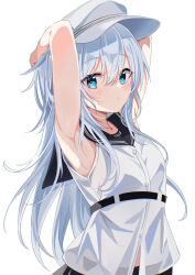 1girl armpits arms_behind_head commentary_request fathom hat hibiki_(kancolle) highres kantai_collection long_hair looking_at_viewer shirt simple_background sleeveless sleeveless_shirt solo verniy_(kancolle) white_background white_hat white_shirt