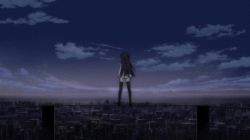 1girl animated animated_gif anime_screenshot ass black_hair close-up cloud female_focus from_behind full_body kuroki_rei light_rays long_hair lowres night night_sky non-web_source outdoors school_uniform short_shorts shorts sky solo standing sunbeam sunlight sunrise thigh_gap thighhighs vividred_operation