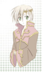 1boy blonde_hair brown_coat circlet coat commentary_request dated_commentary green_background green_eyes hair_between_eyes long_sleeves looking_at_viewer male_focus multicolored_coat open_mouth own_hands_together pink_coat polka_dot polka_dot_background priest_(ragnarok_online) ragnarok_online sharari short_hair solo two-tone_coat upper_body wide_sleeves
