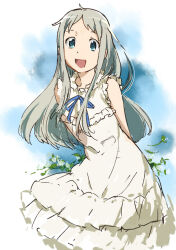 Rule 34 | 1girl, ano hi mita hana no namae wo bokutachi wa mada shiranai., arms behind back, blue eyes, blue ribbon, commentary request, dress, grey hair, honma meiko, long hair, looking at viewer, mitosa, open mouth, outdoors, ribbon, sketch, sleeveless, sleeveless dress, solo, white dress