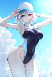 Rule 34 | 1girl, baseball cap, beyblade, black one-piece swimsuit, blue eyes, blue sky, breasts, cloud, competition swimsuit, cowboy shot, grey hair, hat, heterochromia, highleg, highleg one-piece swimsuit, highres, large breasts, looking at viewer, one-piece swimsuit, parted lips, red eyes, sainen yuko, shiraiwa usagi, short hair, sky, smile, solo, swimsuit, two-tone swimsuit, white hat