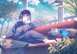 1girl barefoot black_hair black_jacket black_pants black_shirt blue_sky bug butterfly cloud commentary cup english_commentary fingernails highres insect jacket koh_rd nail_polish open_clothes open_jacket original pale_skin pants plant purple_eyes purple_nails saucer shirt sky solo table tree