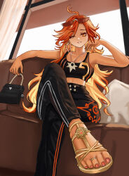1girl absurdres couch crossed_legs eyewear_on_head feet genshin_impact highres long_hair looking_at_viewer mavuika_(genshin_impact) one_eye_closed parted_lips sandals sitting tinted_eyewear toes tpm