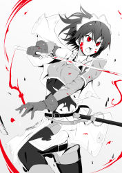 Rule 34 | 00s, 1girl, armor, artist name, bad id, bad pixiv id, belt, blood, blood on face, capelet, cecily cambell, chain, dated, detached sleeves, female focus, fighting, fighting stance, gloves, gradient background, greyscale, hair between eyes, headdress, highres, holding, holding weapon, leg lift, monochrome, open mouth, pauldrons, red eyes, seiken no blacksmith, sheath, short hair, shoulder armor, shoulder pads, skirt, solo, spot color, stormcow, sword, thighhighs, torn clothes, turtleneck, weapon