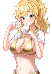 1girl bikini blonde_hair blue_eyes blush breasts cleavage clothes_lift gold_bikini highres idolmaster idolmaster_cinderella_girls lifting_own_clothes long_hair looking_at_viewer medium_breasts navel niban_(puka_0507) ohtsuki_yui ponytail shirt shirt_lift side-tie_bikini_bottom solo sweat swimsuit v wavy_hair wavy_sidelocks white_shirt