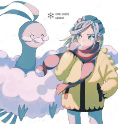 1boy altaria breath character_name closed_mouth commentary_request creatures_(company) eyelashes game_freak gen_3_pokemon green_eyes grusha_(pokemon) hand_in_pocket hand_up highres jacket long_hair long_sleeves looking_to_the_side male_focus mittens nintendo pants pokemon pokemon_(creature) pokemon_sv scarf striped_clothes striped_scarf wednesday_108 yellow_jacket