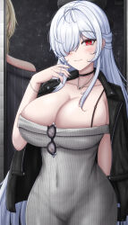 2girls black_jacket black_panties blonde_hair breasts bubble_hair_ornament choker cinderella_(beautiful_me)_(nikke) cinderella_(nikke) cleavage commentary covered_navel dongtan_dress dress eyewear_hang goddess_of_victory:_nikke grave_(beautiful_you)_(nikke) grave_(nikke) grey_dress hair_over_one_eye heart heart_necklace highres jacket jacket_on_shoulders jewelry large_breasts long_hair meme_attire multiple_girls necklace official_alternate_costume panties rabbitttt red_eyes see-through_clothes solo_focus symbol-only_commentary underwear unworn_eyewear white_hair