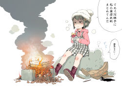 1girl ano_ko_wa_toshi_densetsu beanie black_hair boots box brown_eyes brown_hair burning campfire cardboard_box child dress fire food gomennasai hair_ornament hairclip hat head_bump holding holding_food hood hood_down hoodie ink inkwell lace-up_boots leaf long_sleeves nib_pen_(object) paper parted_lips pen pink_hoodie plaid_clothes plaid_dress red_footwear roasted_sweet_potato shaded_face sitting sitting_on_person sleeveless sleeveless_dress sleeves_past_wrists smile smoke sweat sweater sweet_potato translation_request trembling white_background white_hat zangyaku-san