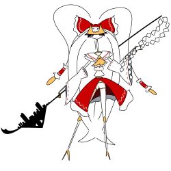 1girl 2025 antenna_hair arthropod_girl ascot bow cockroach_girl collar colored_skin commentary cosplay crossover detached_sleeves female_focus flat_color from_above full_body gen_7_pokemon gohei hair_bow hakurei_reimu hakurei_reimu_(cosplay) highres holding holding_gohei long_hair long_neck looking_at_viewer nintendo pheromosa pokemon pokemon_(creature) pout purple_eyes red_bow sam891001 shadow simple_background touhou ultra_beast very_long_hair white_background white_collar white_hair white_skin yellow_ascot
