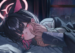1girl 1other alternate_costume bed_sheet betabeet black_hair blue_archive blush closed_mouth colored_inner_hair commentary doodle_sensei_(blue_archive) extra_ears halo hand_on_another&#039;s_cheek hand_on_another&#039;s_face highres indoors kazusa_(blue_archive) long_sleeves looking_at_viewer lying multicolored_hair night night_sky on_bed on_side pajamas pink_eyes pink_hair pink_halo pov print_pajamas print_shirt sensei_(blue_archive) shirt short_hair sky smile white_shirt