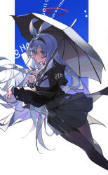 1girl absurdres black_pantyhose blue_archive bow dutch_angle hair_bow highres marurodo pantyhose plana_(blue_archive) school_uniform serafuku umbrella