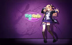 1girl absurdres asymmetrical_legwear bag black_bag black_bow black_jacket black_socks black_thighhighs blonde_hair bow character_doll detexted doll eyepatch fischl_(genshin_cafe_in_seoul)_(genshin_impact) fischl_(genshin_impact) full_body genshin_impact green_eyes hair_bow hands_up highres holding jacket knee_strap kneehighs long_hair long_sleeves necktie official_alternate_costume official_art open_clothes open_jacket open_mouth oz_(genshin_impact) purple_necktie purple_skirt shadow shirt shoulder_bag skirt smile socks solo standing teeth thighhighs third-party_edit two_side_up uneven_legwear upper_teeth_only white_shirt