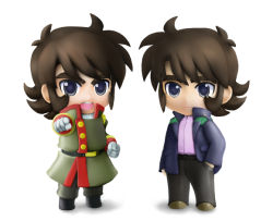 1990s_(style) 2boys 3d b-saku bad_id bad_pixiv_id chibi g_gundam gundam hand_in_pocket kyouji_kasshu male_focus military military_uniform multiple_boys pointing retro_artstyle schwarz_bruder