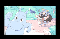 2boys axe beard black_border blurry border character_request chasing crossover depth_of_field dungeon_meshi dwarf empty_eyes facial_hair fake_horns fleeing forest helmet highres holding holding_axe horned_helmet horns long_beard male_focus moomin multiple_boys mustache nature no_mouth running scared senshi_(dungeon_meshi) smear_frame thick_mustache trait_connection very_long_beard watts_(lil_nemo182)