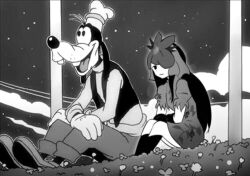 1boy 1girl black_hair disney dress field flower flower_field furry furry_male ginari goofy mickey_mouse_&amp;_friends orchid sitting smile teeth third-party_edit touhou unfinished_dream_of_all_living_ghost yomotsu_hisami