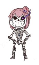 1other doro_(nikke) glowing glowing_eye goddess_of_victory:_nikke hair_bun hollow_eyes mossacannibalis pink_hair sans_(undertale) single_hair_bun skeleton skull smile standing teeth undead undertale white_background