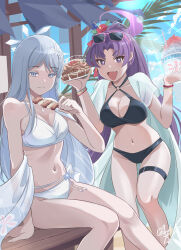 2girls absurdres beach_house bikini black_bikini blue_archive bracelet colored_eyelashes eyeshadow eyewear_on_head fang flower food grey_eyes hair_flower hair_ornament halo haori highres holding holding_food holding_skewer japanese_clothes jewelry looking_at_viewer makeup multiple_bracelets multiple_girls nagusa_(blue_archive) nagusa_(swimsuit)_(blue_archive) nikulas_cage o-ring o-ring_bikini official_alternate_costume official_alternate_hairstyle pink-framed_eyewear purple-framed_eyewear purple_hair purple_halo red_eyeshadow skewer skin_fang snowflake_hair_ornament sparkling_eyes swimsuit white_bikini white_eyelashes white_eyes white_halo white_haori yakitori yukari_(blue_archive) yukari_(swimsuit)_(blue_archive)