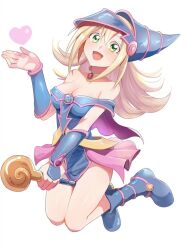 1girl bare_shoulders blonde_hair blush boots breasts cane cleavage collarbone dark_magician_girl duel_monster green_eyes hat heart highres holding holding_cane large_breasts looking_at_viewer necktie open_mouth pelvic_curtain pinyata_(pinyaland) simple_background smile solo thighs white_background witch witch_hat yu-gi-oh!