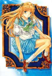 1girl absurdres bare_legs blonde_hair blue_eyes blue_skirt brown_shoes highres honami_yui long_hair looking_at_viewer min-naraken official_art scan school_uniform second-party_source see_in_ao serafuku shirt shoes sitting skirt smile solo white_shirt