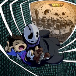 1boy androgynous binary brown_footwear brown_hair carrying city code frisk_(undertale) glowing glowing_eye houten_(dre_a_mer) open_mouth pointing shirt skeleton smile striped_clothes striped_shirt sweat undertale w.d._gaster