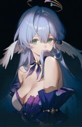Rule 34 | 1girl, absurdres, ai-assisted, bare shoulders, blue hair, breasts, feathered wings, green eyes, halo, head wings, highres, honkai: star rail, honkai (series), large breasts, looking at viewer, mole, mole under eye, poki (j0ch3fvj6nd), robin (honkai: star rail), solo, white wings, wings