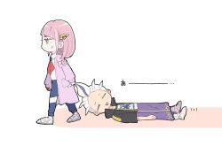 Rule 34 | 1boy, 1girl, anger vein, blue pants, brown eyes, cardigan, chibi, closed eyes, collared shirt, commentary request, dragging, drayton (pokemon), facing viewer, gloves, hair ornament, hairclip, highres, holding another&#039;s hair, jacket, lacey (pokemon), long sleeves, nintendo, open cardigan, open clothes, open jacket, pants, partially fingerless gloves, pink cardigan, pink hair, pokemon, pokemon sv, red gloves, shinogo no, shirt, shoes, single glove, standing, white background, white footwear, white shirt