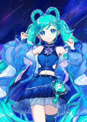 Rule 34 | 1girl, aqua hair, asymmetrical legwear, blue eyes, blue jacket, blue skirt, blue thighhighs, braid, breasts, closed mouth, commentary, crop top, earrings, hair ornament, hatsune miku, heart, heart earrings, highres, jacket, jewelry, long hair, looking at viewer, magical mirai (vocaloid), magical mirai miku, magical mirai miku (2025), medium breasts, midriff, navel, official alternate costume, official alternate hairstyle, skirt, smile, solo, star (symbol), star hair ornament, stomach, symbol-only commentary, thighhighs, twin braids, twintails, very long hair, vocaloid, yohki