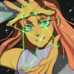 black_background cat&#039;s_cradle colored_sclera dc_comics energy genniax green_hair green_sclera orange_hair smile starfire string teen_titans thread