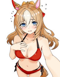 Rule 34 | 1girl, animal ears, bikini, blonde hair, blue eyes, blush, breasts, cleavage, collarbone, commentary request, cowboy shot, durandal (umamusume), flying sweatdrops, from above, hair between eyes, hand on own chest, highres, horse ears, horse girl, horse tail, large breasts, layered bikini, long hair, multi-strapped bikini bottom, multi-strapped bikini top, multicolored hair, navel, red bikini, side-tie bikini bottom, simple background, smapy sumataku, solo, stomach, streaked hair, swimsuit, tail, textless version, umamusume, white background, white hair