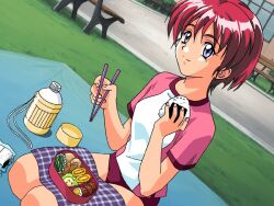 1girl bento blue_eyes chopsticks day feet_out_of_frame female_focus food game_cg gym_uniform hair_between_eyes hinomoto_hikari holding holding_chopsticks holding_food looking_at_viewer mole mole_under_eye onigiri outdoors picnic red_hair short_hair short_sleeves sitting smile solo tokimeki_memorial tokimeki_memorial_2