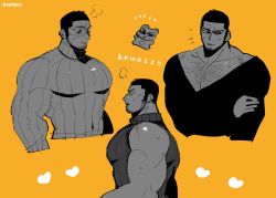 1boy alternate_pectoral_size bara bare_shoulders black_eyes black_hair blush buzz_cut chest_hair collage cropped_torso facial_hair golden_kamuy hairy ka_ji large_pectorals long_sideburns looking_away looking_to_the_side pectoral_cleavage male_focus mature_male multiple_monochrome multiple_views muscular muscular_male pectorals shirt short_hair sideburns sleeveless sleeveless_shirt stubble sweatdrop sweater tanigaki_genjirou thick_eyebrows very_short_hair