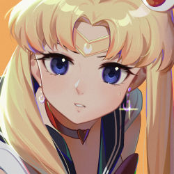 Rule 34 | 1girl, bishoujo senshi sailor moon, bishoujo senshi sailor moon s, blonde hair, blue eyes, blue sailor collar, choker, circlet, collared shirt, crescent, crescent earrings, derivative work, earrings, female focus, film grain, hair intakes, hair ornament, heart, heart choker, highres, jewelry, long hair, looking at viewer, meme, orange background, parted lips, portrait, red neckwear, sailor collar, sailor moon, sailor moon redraw challenge (meme), sailor shirt, shirt, simple background, solo, sparkle, sweatdrop, white shirt, xtears kitsune