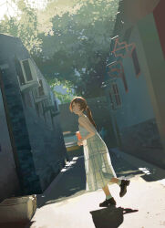 1girl absurdres bare_shoulders brown_hair brown_shoes building chinese_commentary commentary_request day dress from_behind highres house long_hair looking_at_viewer looking_back original outdoors ponytail road shoes socks solo standing standing_on_one_leg street tang_sanjiao tree white_dress white_socks wide_shot