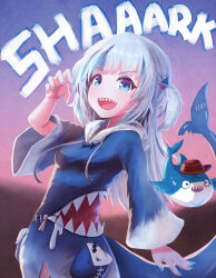 1girl absurdres animal_costume bloop_(gawr_gura) blue_hair blue_hoodie blue_nails fins fish_tail gawr_gura gawr_gura_(1st_costume) grey_hair highres hololive hololive_english hood hoodie karorena looking_at_viewer medium_hair multicolored_hair nail_polish shark_costume shark_girl shark_tail sharp_teeth smile socks solo streaked_hair tail teeth two-tone_socks two_side_up upper_teeth_only virtual_youtuber