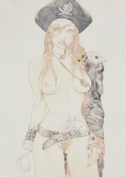 1girl absurdres black_coat black_eyes black_hat black_nails breasts brown_hair brown_pubic_hair coat commentary cowboy_shot english_commentary eyepatch gun hat highres holster hook_hand jewelry long_hair medium_breasts mouth_hold multiple_rings navel necklace nipples nude open_mouth original painting_(medium) pirate_hat pussy ring sho-u_tajima skull smoking_pipe solo traditional_media watercolor_(medium) weapon