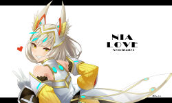 1girl absurdres animal_ears back bare_shoulders blunt_bangs blush cat_ears detached_sleeves facial_mark gloves grey_hair grin hey_cre highres looking_at_viewer nia_(xenoblade) short_hair smile solo teeth v xenoblade_chronicles_(series) xenoblade_chronicles_3 yellow_eyes