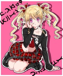 1girl belt biscuit_krueger black_belt black_shoes blonde_hair choker collarbone hair_ornament hairclip highres hunter_x_hunter long_hair looking_at_viewer navel pink_background pink_eyes red_skirt shoes sidelocks sitting skirt solo soru_r2 spiked_choker spikes twintails