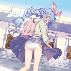 1girl animal_ears ass backpack bag blue_hair blue_skirt blush braid commentary_request from_behind glasses grey_shirt hanashima_m highres hololive kneepits long_hair looking_back open_mouth outdoors panties ponytail rabbit_ears rabbit_girl red_eyes ribbon shirt skirt solo thighs underwear usada_pekora virtual_youtuber white_panties wind wind_lift