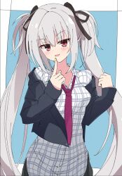 1girl :d adversarial_noise black_jacket black_ribbon blue_background blush border casual collared_shirt commentary cowboy_shot dracu-riot! elena_olegovna_owen eyes_visible_through_hair finger_to_mouth grey_hair hair_between_eyes hair_ribbon hands_up index_finger_raised jacket long_hair looking_at_viewer nail_polish necktie okaeru open_clothes open_jacket open_mouth outside_border plaid_clothes plaid_shirt red_eyes red_necktie ribbon seductive_smile shirt sidelocks simple_background smile solo twintails very_long_hair white_border white_shirt yellow_nails