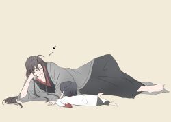 2boys aged_down ahoge barefoot black_hair black_hanfu brown_hair child chinese_clothes closed_eyes coat eighth_note full_body grey_coat hair_down hair_ribbon half_updo hand_on_own_cheek hand_on_own_face hanfu head_rest highres lan_sizhui long_hair long_sleeves lying male_focus modao_zushi multiple_boys musical_note official_alternate_costume official_alternate_hairstyle on_side open_clothes open_coat parrrrrrrrko parted_lips ponytail red_ribbon ribbon robe sidelocks simple_background sleeping smile wei_wuxian wei_wuxian_(yiling_laozu) white_hanfu wide_sleeves