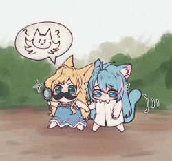 ahoge angon623 animal_ears azura_cecillia blonde_hair blue_hair facial_hair hand_grab holding holding_magnifying_glass layla_alstroemeria magnifying_glass mustache nijisanji nijisanji_id speech_bubble sweatdrop tail tearing_up virtual_youtuber