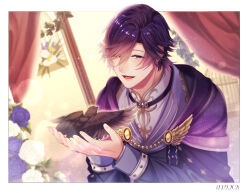 Rule 34 | 1boy, :d, absurdres, animal, bird, birdcage, black collar, blue eyes, border, brooch, cage, cloak, collar, curtained hair, curtains, dated, flower, hair over one eye, highres, holding, holding animal, holding bird, ichinose tokiya, in cage, jacket, jewelry, lapels, light particles, looking at animal, male focus, mandarin collar, open mouth, outside border, plant, purple cloak, purple flower, purple hair, purple jacket, purple rose, ran (12 rn 09), rose, shawl lapels, shirt, short hair, sleeve cuffs, smile, solo, upper body, uta no prince-sama, uta no prince-sama: shining live, vines, white border, white flower, white rose, white shirt, wing brooch