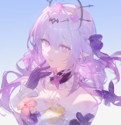 1girl absurdres black_tiara blue_background bug butterfly castorice_(honkai:_star_rail) commentary detached_collar detached_sleeves dress flower gloves gradient_background highres honkai:_star_rail honkai_(series) insect long_hair nekomeen parted_lips pointy_ears purple_butterfly purple_eyes purple_gloves purple_hair sketch solo tiara twitter_username upper_body white_dress