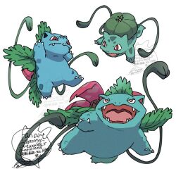 Rule 34 | bright pupils, bulbasaur, claws, commentary, evolutionary line, fangs, fangs out, gen 1 pokemon, ivysaur, nintendo, no humans, open mouth, plant, pokemon, pokemon (creature), red eyes, sagemaru-br, tongue, venusaur, vines, white background, white pupils