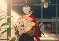 Rule 34 | 1boy, animal print, anthurium, artist name, black jacket, blurry, blurry background, bouquet, clothes writing, day, facing away, flower, flower shop, from behind, green hair, hanging plant, highres, holding, holding bouquet, holding flower, jacket, koeda (k83 4), leather, leather jacket, light particles, lighter (zenless zone zero), lily (flower), long sleeves, male focus, outdoors, plant, potted plant, red scarf, scarf, shop, short hair, shoulder spikes, solo, spiked belt, spiked jacket, spikes, sunglasses, tiger print, torn clothes, torn scarf, twitter username, upper body, white flower, white lily, window, zenless zone zero