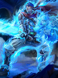 1boy 1girl absurdres blue_eyes blue_fire blue_hair cape commentary english_commentary fire fire_emblem fire_emblem:_radiant_dawn headband highres holding holding_sword holding_weapon ike_(fire_emblem) ike_(vanguard_legend)_(fire_emblem) long_hair nintendo ragnell red_cape red_headband short_hair sword two-handed_sword weapon yanmanxplore yune_(fire_emblem)