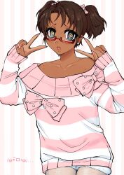 1girl 2000s_(style) @_@ bad_id bad_tumblr_id blue_eyes bow brown_hair dark-skinned_female dark_skin double_v fashion glasses hair_bow highres himekaji kaomoji long_sleeves looking_at_viewer luc143r open_mouth original pink_bow pink_sweater short_hair short_twintails solo striped_clothes striped_sweater sweater twintails v white_sweater yellow_pupils