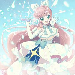 1girl artist_name ascot blue_bow boots bow braid brooch center_frills commentary crown_braid cure_prism dress dress_bow earrings elbow_gloves feathers frills glove_bow gloves green_eyes hair_bow hair_ornament heart heart_hair_ornament highres hirogaru_sky!_precure holding holding_wand jewelry knee_boots layered_dress long_hair looking_at_viewer magical_girl medium_dress nijigaoka_mashiro norwo724 open_mouth pink_hair precure side_braids signature sky_mirage sleeveless sleeveless_dress smile solo sparkle standing teeth upper_teeth_only very_long_hair wand waving white_ascot white_bow white_dress white_feathers white_gloves wing_brooch