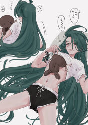 1girl absurdres breasts clothes_lift commentary_request ear_piercing green_hair highres long_hair long_sleeves lying midriff mtkpasta multiple_views navel_piercing nintendo no_bra on_back paldean_wooper piercing pokemon pokemon_sv rika_(pokemon) shirt shirt_lift shorts small_breasts squeans t-shirt translation_request white_shirt