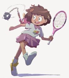 1girl 2girls amphibia anne_boonchuy area112 ball_and_chain_(weapon) brown_eyes brown_hair clenched_hands dark_skin full_body grey_shirt highres holding_tennis_racket leaf leaf_on_head multiple_girls open_mouth pleated_skirt polly_plantar purple_skirt racket school_uniform shirt shoes short_hair single_shoe sjms_school_uniform skirt smile socks spiked_ball_and_chain teeth tennis_racket upper_teeth_only walking weapon white_background yellow_shoes